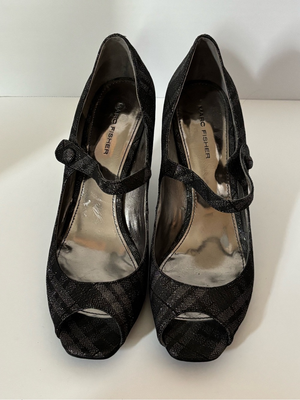 Marc Fisher Plaid Peep-Toe Mary Jane Heels Pumps Black & Silver 8.5